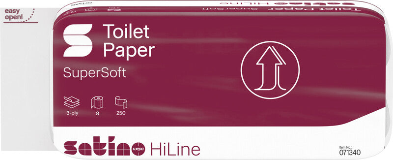 Satino hiline Toilettenpapier – 3-lagig, Zellstoff, Blattgrösse 94 × 110 mm, 250 Blatt/Rolle – 8 Rollen