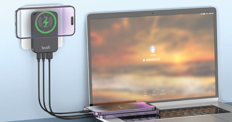 Budi USB-Ladegerät 30 W – USB-C×2, USB-A×1 – PD, QC 3.0, MagSafe 15 W – EU/UK/US/AU-Adapter – für 100–240 V