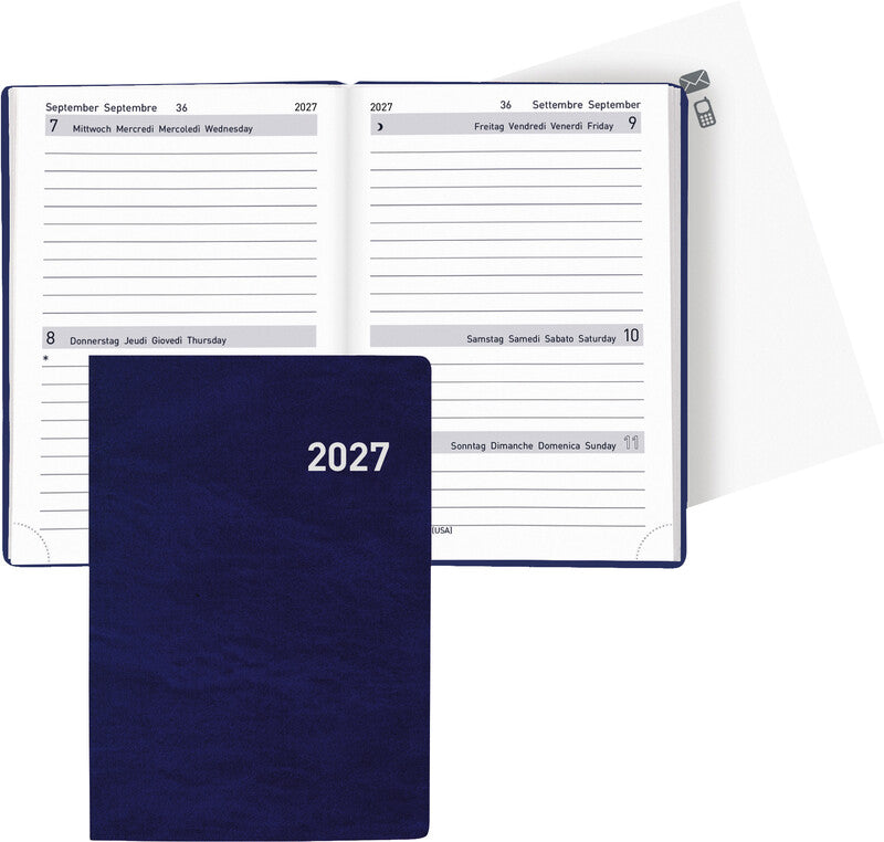 Biella Tell Agenda – 2 Tage pro Seite, gebunden, 8,5 × 12,5 cm, 2027, mehrsprachig, dunkelblau, FSC