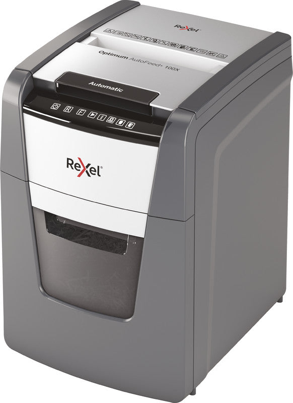 Rexel Optimum AutoFeed+ 100X – Aktenvernichter mit Autofeed 100 Blatt, DIN P-4, Partikelschnitt 4 × 28 mm, 34