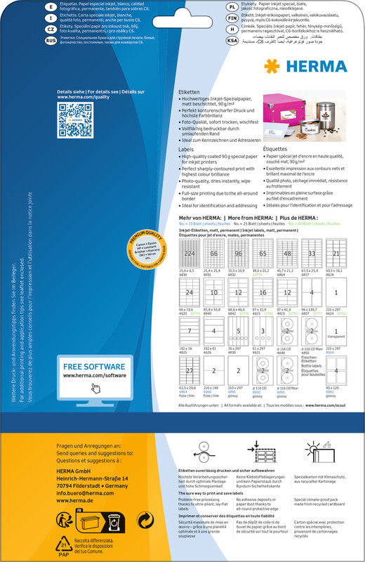 HERMA Druckeretiketten, 210 mm × 297 mm, weiss, Papier, permanent, 25 Blatt