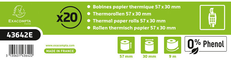 Exacompta Thermorolle 57 × 30 × 12 mm, 9 m, 52 g/m², phenolfrei, weiss