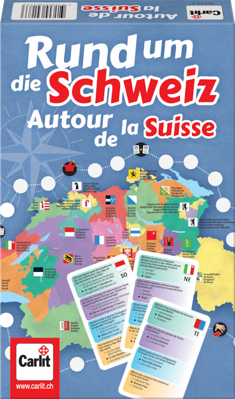 Carlit Brettspiel Rund um die Schweiz – 2–4 Spieler, ab 7 J., d/f/i, 115 × 38 × 182 mm, Karton, mehrfarbig