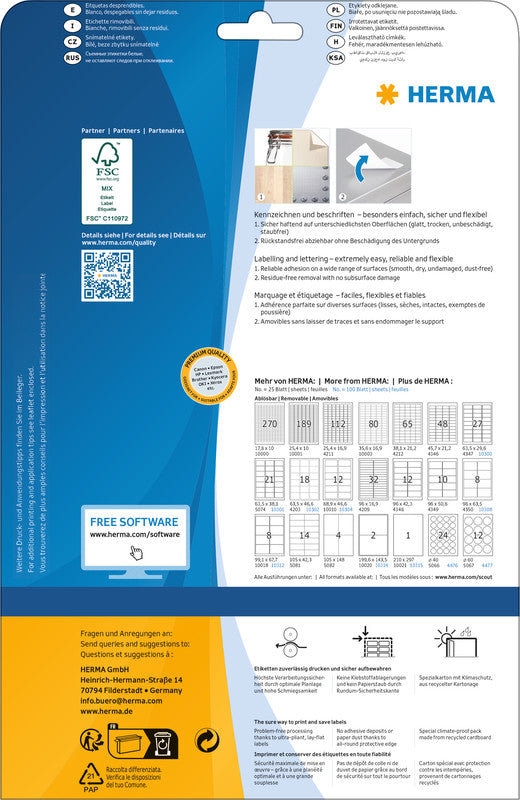 HERMA Druckeretiketten, 41 mm × 25 mm, weiss, Papier, ablösbar, 25 Blätter (900 Etiketten)
