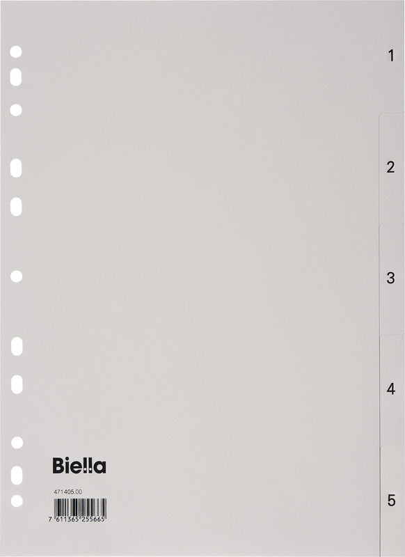 Biella Register – A4, 5-teilig, Kunststoff, grau, vorgedruckt, mit Indexblatt, 11-fach Lochung