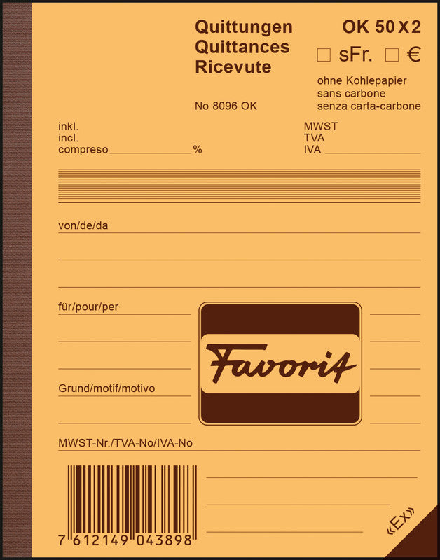 Favorit Formularblock – Quittungen, mehrsprachig, 50 Blatt, A6