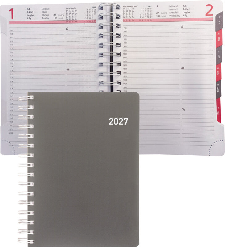 Biella Registra plus Agenda – 1 Tag/Seite, Wire-O, 14,5 × 20,5 cm, 2027, 1/2-Stunden-Takt, Grau, FSC