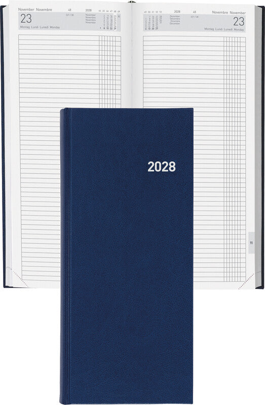 Biella Langformat Tower Agenda – 1 Tag/2 Seiten, Gebunden, 13,5 × 31,5 cm, 2028, Dunkelblau, FSC