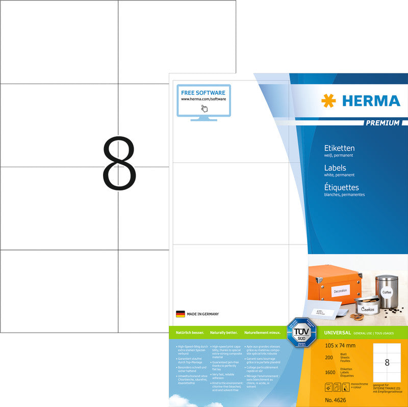 HERMA Druckeretiketten, 105 mm × 74 mm, weiss, Papier, permanent, 200 Blätter (1'600 Etiketten)