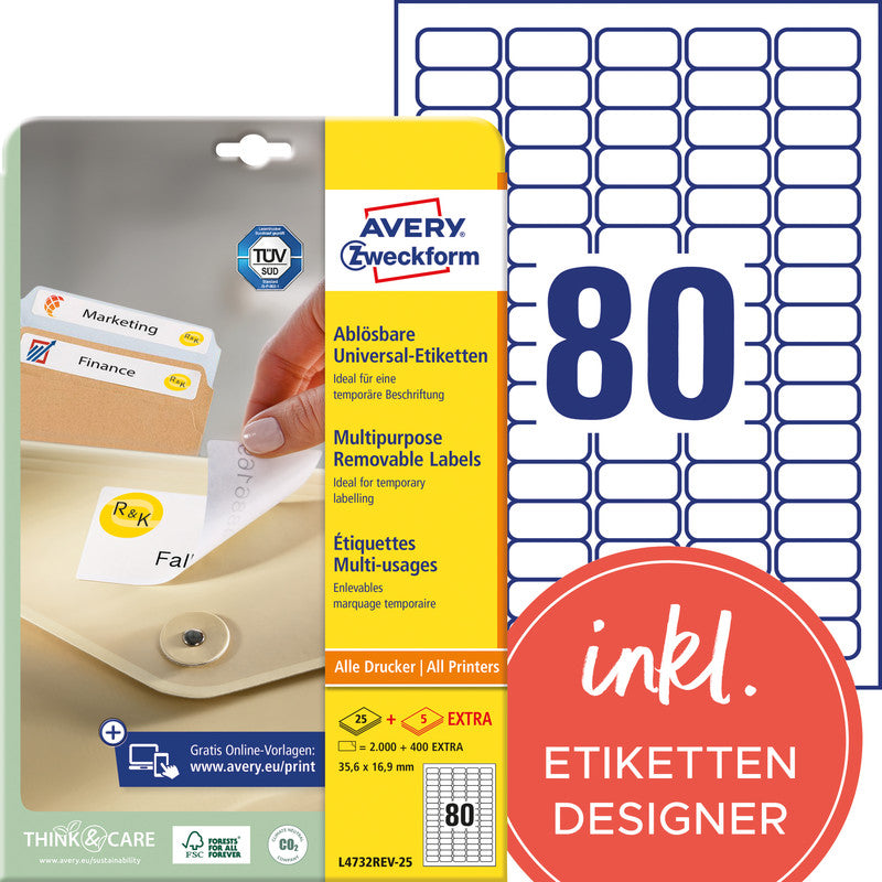 Avery Drucketiketten, 36 mm × 17 mm, weiss, Papier, wiederablösbar, 30 Blatt (2400 Etiketten)