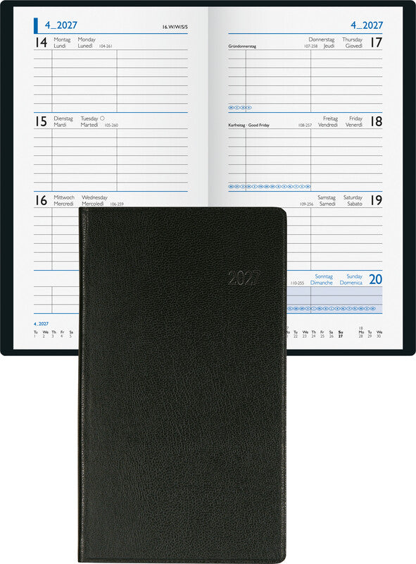 Biella Budget Agenda – 1 Woche/2 Seiten, gebunden, 8,7 × 15,3 cm, Jan–Dez, 2026, schwarz, FSC