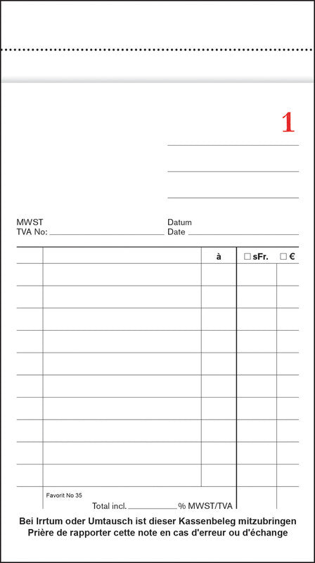 Favorit Formularblock – Kassenbeleg, Deutsch, Französisch, 50 Blatt, 100 × 175 mm