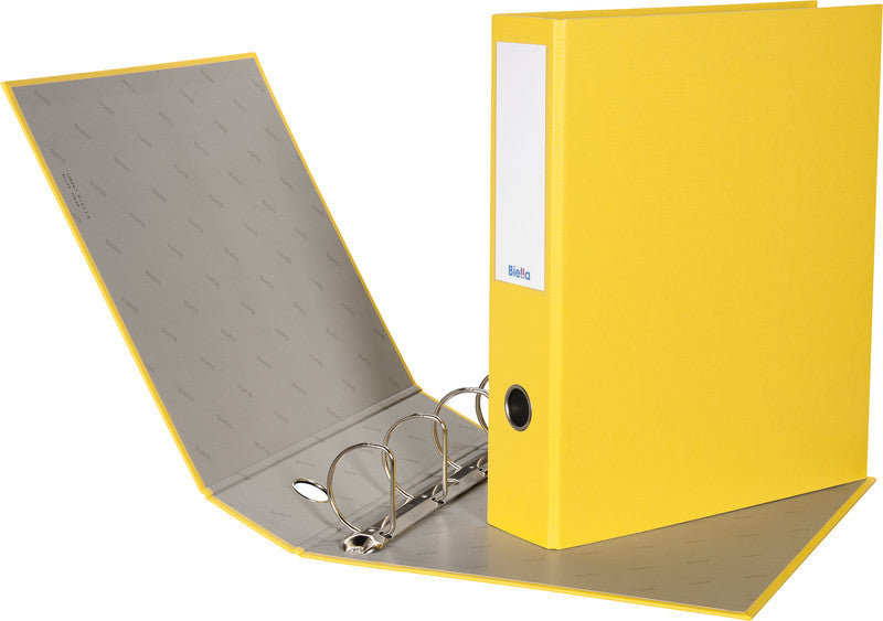 Biella Zeigebuch – A4 Hochformat – 4-Ring Bügelmechanik, Ø 50 mm, Rücken 70 mm – Gelb, Karton, mit Griffloch, FSC