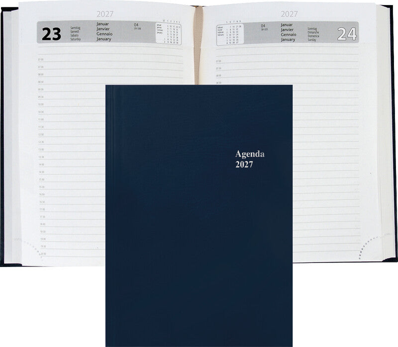 Simplex Agenda – 1 Tag pro Seite, gebunden, A5, Jan–Dez, 2026, 1/2-Stunden-Takt, blau, FSC