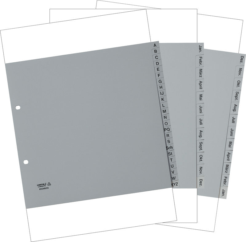 Kolma Register – teildeckend, 12-teilig, PVC, grau, vorgedruckt, 2-Ring, ovale Lochung, für A4 Hochformat