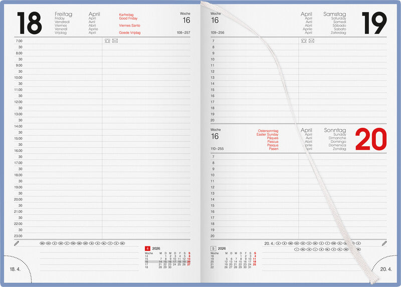 Biella Agenda – 1 Tag pro Seite, gebunden, 14,5 × 20,5 cm, 2026, 1/2-Stunden-Takt, blau, FSC