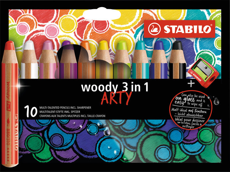 STABILO Buntstifte woody 3 in 1 – 3-in-1, rund, Minendurchmesser 10 mm, 10 Farben, im Kartonetui, mit Spitzer