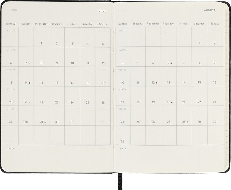 Moleskine Taschenagenda – 1 Tag pro Seite, gebunden, 9 × 14 cm, 2026, 1-Stunden-Takt, Englisch, Schwarz, FSC