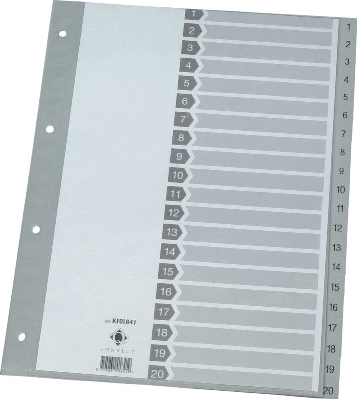 Q-connect Register – A4, 20-teilig, PP, grau, vorgedruckt, mit Indexblatt, 4-fach gelocht