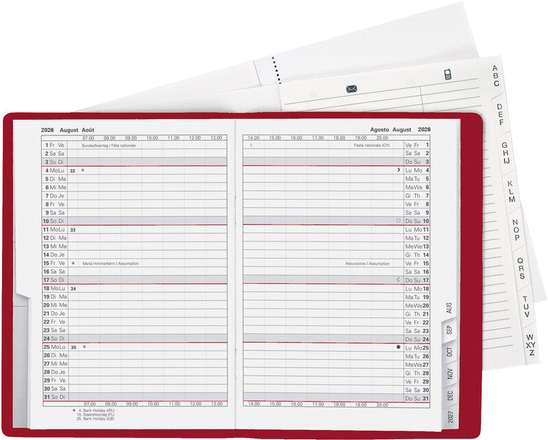 Biella Glasgow Agenda – 1 Monat/2 Seiten, geheftet, 10,0 × 13,9 cm, 15 Monate Okt–Dez, 2026, Weinrot, PEFC