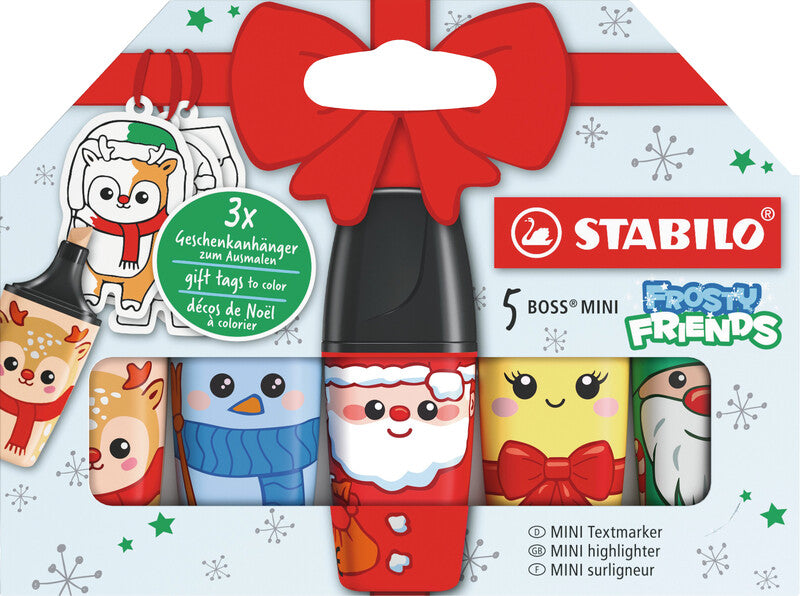 STABILO BOSS Frosty Friends Textmarker Mini – 5er Set, Farben: Beige/Blau/Rot …, Keilspitze 2–5 mm
