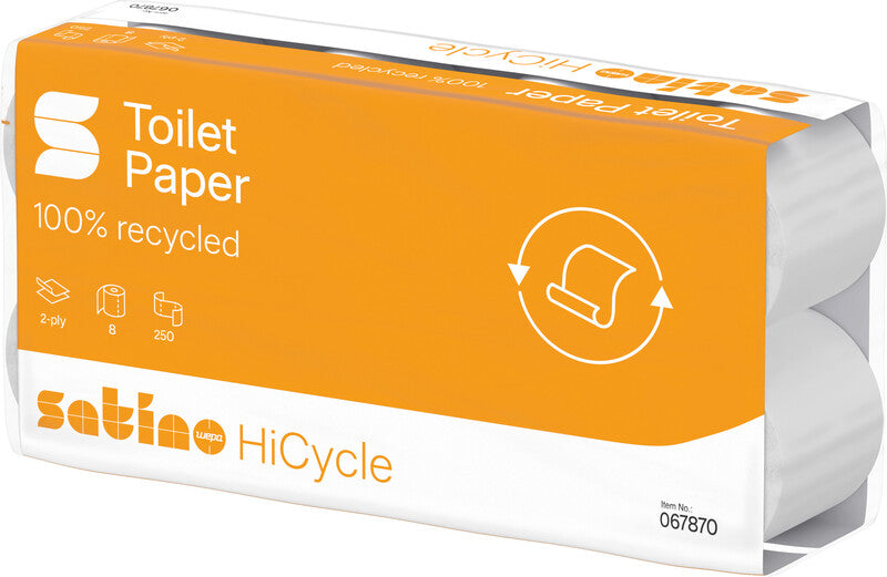 Satino hicycle Toilettenpapier – 2-lagig, Recycling, Blattgrösse 94 × 110 mm, 250 Blatt/Rolle – 8 Rollen