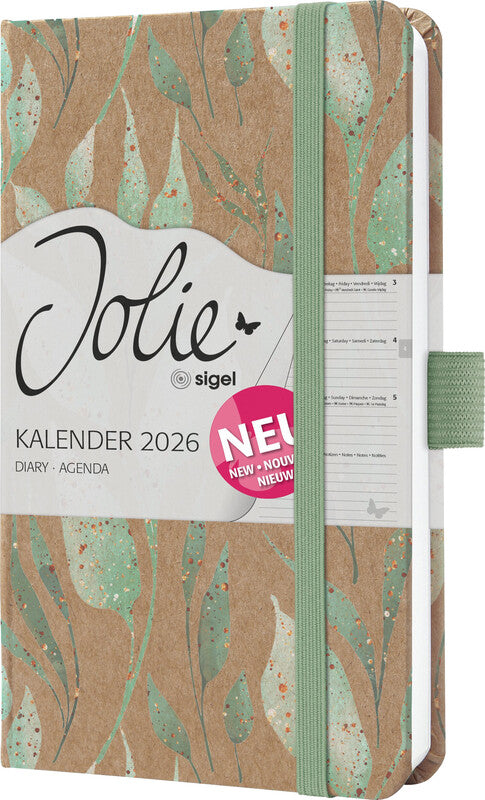 Sigel JOLIE Pure Agenda – 1 Woche/2 Seiten, gebunden, A6, Jan–Dez, 2026, mehrsprachig, Sparkle Leaves, FSC