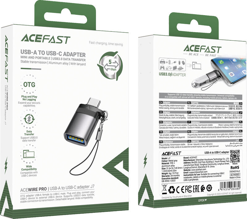 Acefast USB-A zu USB-C Adapter – 10 Gbit/s, metallgrau