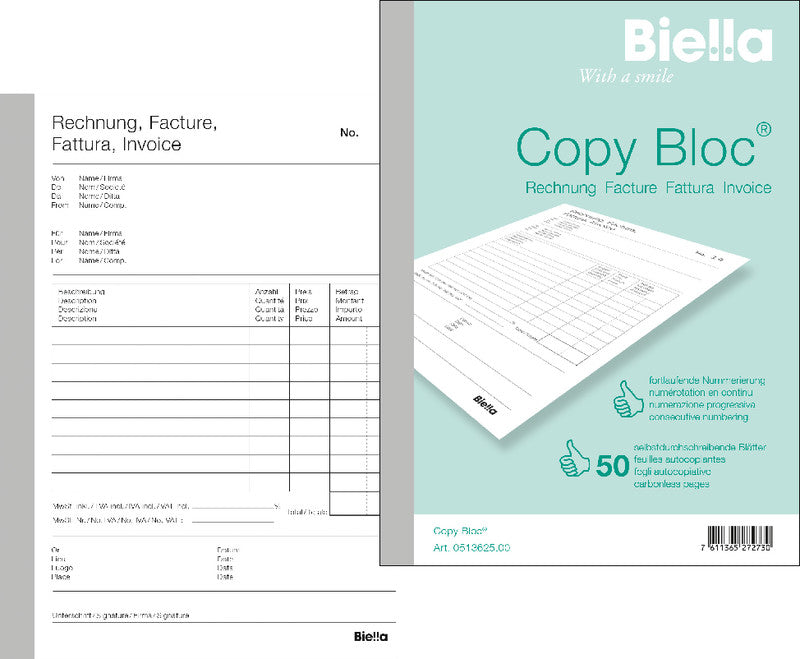 Biella Durchschreibeblock – Rechnungen, mehrsprachig, 50 Blatt, A6