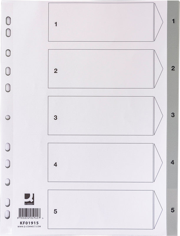 Q-Connect Register – A4, 5-teilig, Kunststoff, Grau, vorgedruckt, 11-fach Lochung