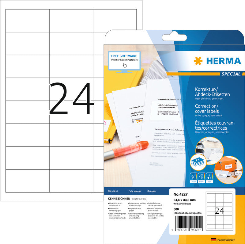 HERMA Druckeretiketten, 65 mm × 34 mm, weiss, Papier, permanent, 25 Blatt (600 Etiketten)