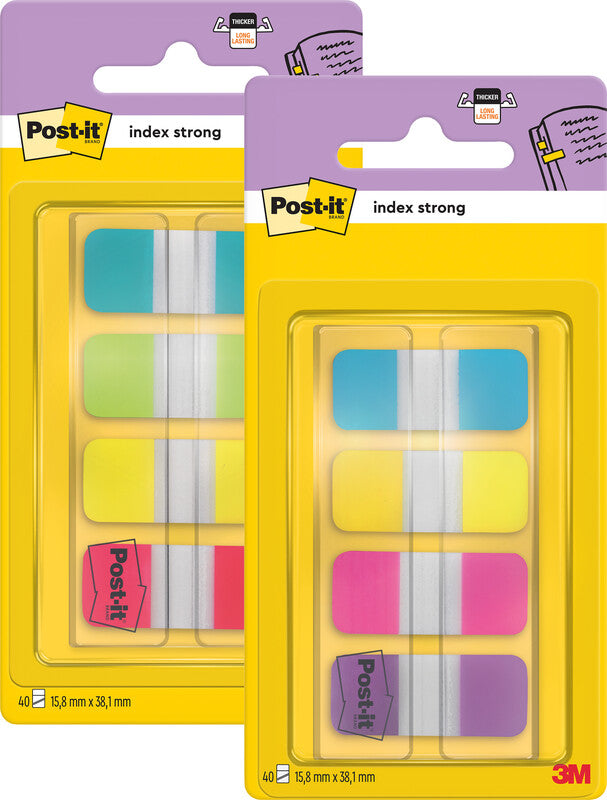 3M Post-it Indexstreifen Strong schmal – 16×38 mm – sortiert, 4×10 Stück, mit Dispenser