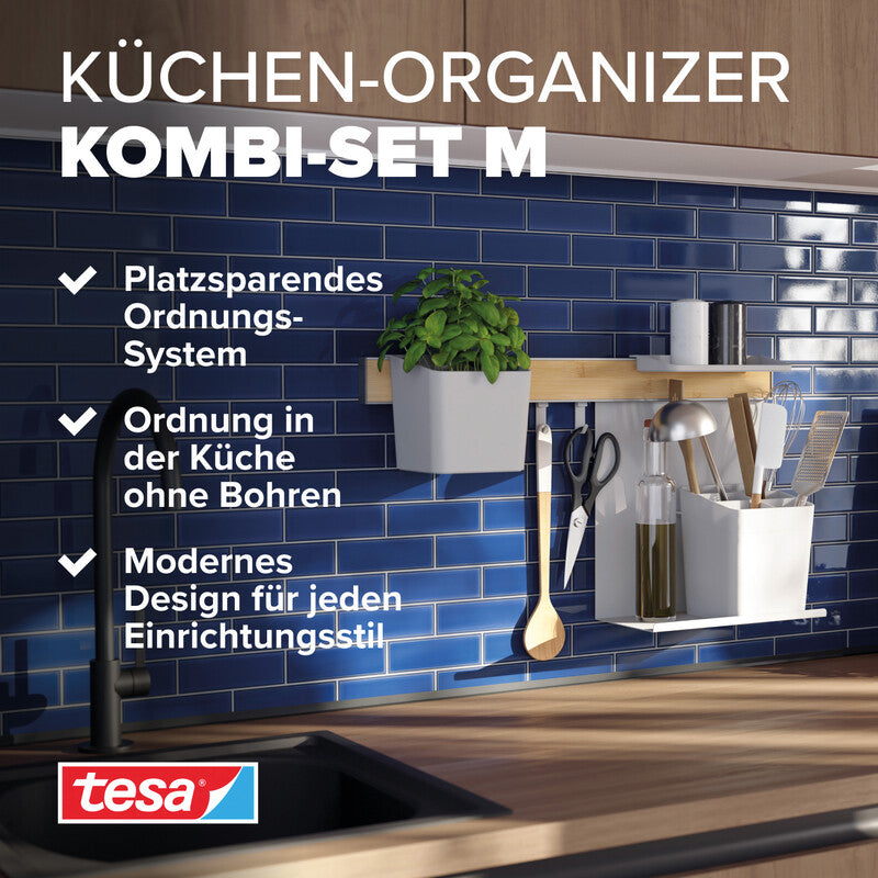 TESA Küchenorganizer Kombi-Set M – für Küchenreling – mit Zierblende Weiss & Bambus – 60 × 34 × 15 cm