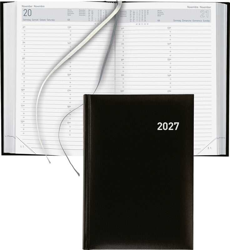 Biella Agenda – 1 Tag pro Seite, gebunden, 14,5 × 20,5 cm, 2026, mehrsprachig, 1/4-Stunden-Takt, schwarz, FSC