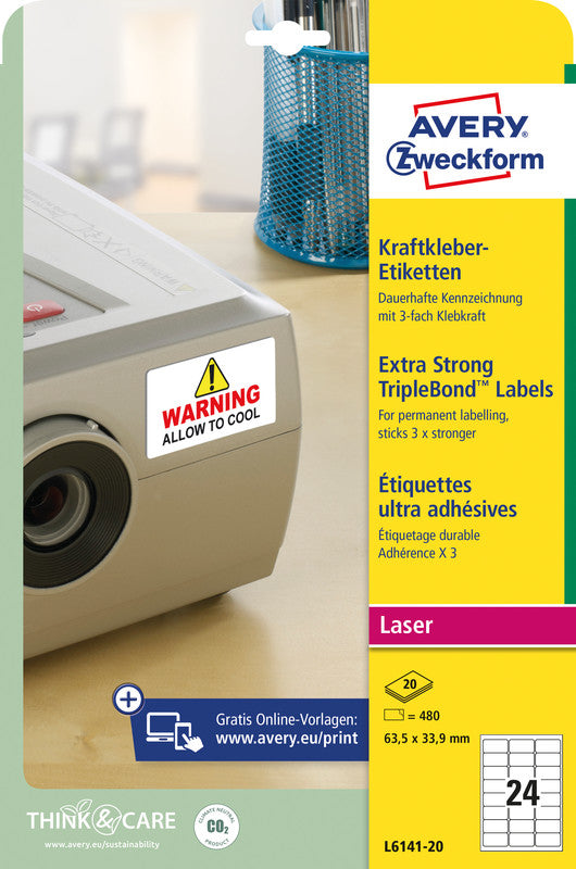Avery Druckeretiketten, 64 mm × 34 mm, weiss, Folie, extra stark, 480 Etiketten (20 Blatt)