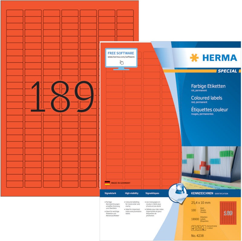 HERMA 4238 – Etiketten A4 25 × 10 mm – Papier, rot – permanent haftend – 189 pro Blatt, 100 Blätter