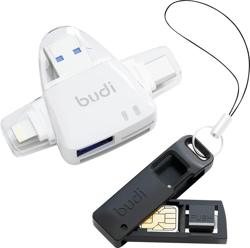 Budi USB-Kartenleser USB-A/USB-C/Lightning – SD/microSD, Nano-SIM – mit Etui – für Windows, Mac, Android/iOS