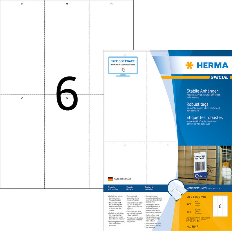 HERMA Anhänger (mit Loch) – 30 × 37 mm – Papier/Folie/Papier, weiss – perforiert – 5'600 Stück (100 Blatt)