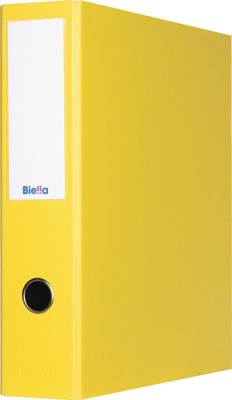 Biella Zeigebuch – A4 Hochformat – 4-Ring Bügelmechanik, Ø 50 mm, Rücken 70 mm – Gelb, Karton, mit Griffloch, FSC