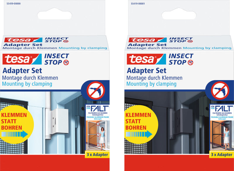 tesa Klemmadapter-Set – für Fliegengitter, faltbar, Tür – 3er-Set – Weiss