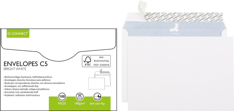 Q-CONNECT Couvert C5, ohne Fenster, selbstklebend, weiss, 100 g/m², mit Innendruck – 100 Stk.