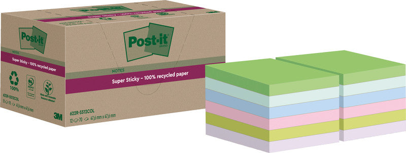 Post-it Haftnotizen Super Sticky – 47,6×47,6 mm – sortiert, 12×70 Blatt, PEFC