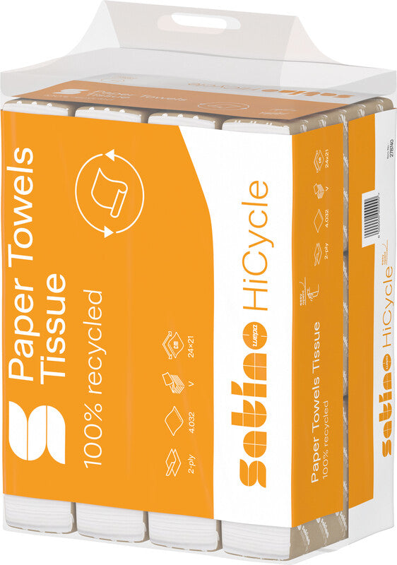 Satino hicycle Falthandtücher V-Falz – 2-lagig, weiss, Papier – 240 × 210 mm – Karton 12 × 336 Blatt