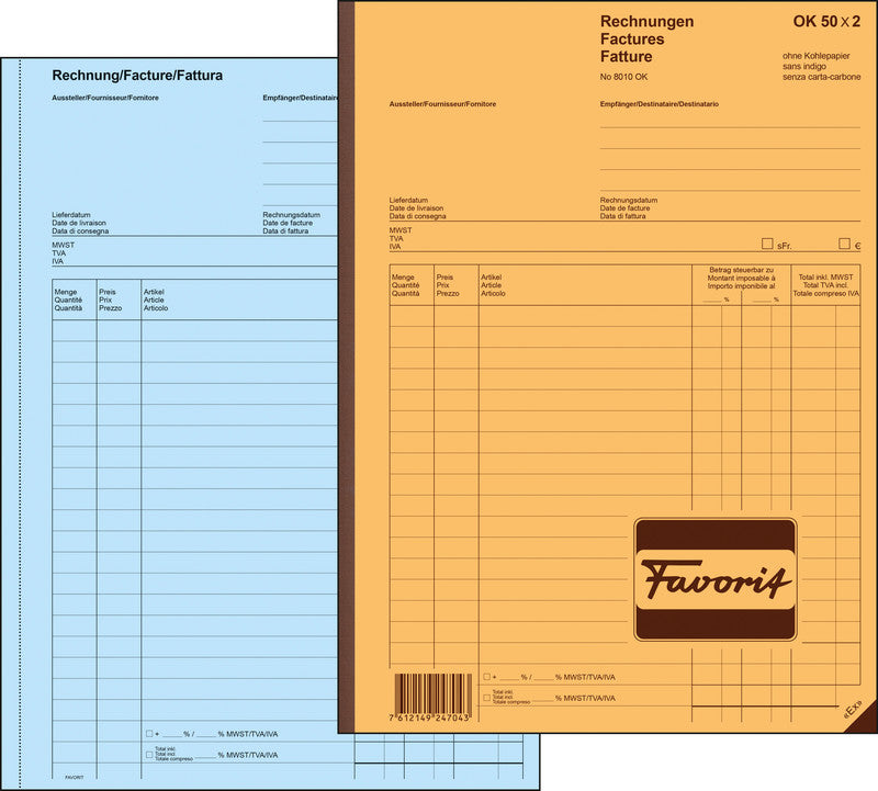Favorit Formularblock – Rechnungen, mehrsprachig, 50 Blatt, A6