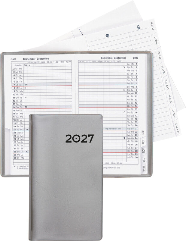 Biella Planer Paris Agenda – 1 Monat/2 Seiten, geheftet, 7,5 × 12,6 cm, 15 Monate Okt–Dez, 2027, silber, PEFC