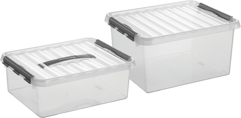 Helit die q-line Aufbewahrungsbox 6 l – mit Tragegriff, mit Deckel, stapelbar, 300 × 140 × 200 mm, transparent