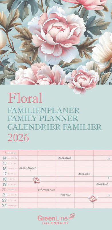 Alpha edition TENEUES – Familienplaner, 2027, 22 × 45 cm, Deutsch/Französisch/Englisch, hoch, Spiralbindung, 5 Spalten, mit Aufhänger