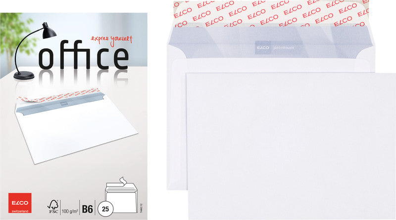 Elco Couvert B6, ohne Fenster, Haftklebung, hochweiss, 100 g/m², mit Innendruck – 25 Stk.