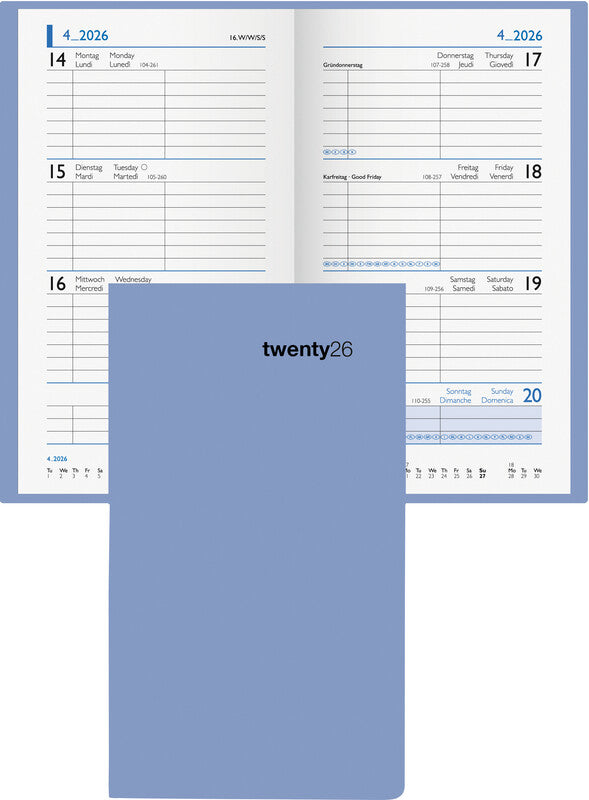 Biella Bunte Agenda – 1 Woche/2 Seiten, gebunden, 8,7 × 15,3 cm, Jan–Dez, mehrsprachig, schwarz, FSC