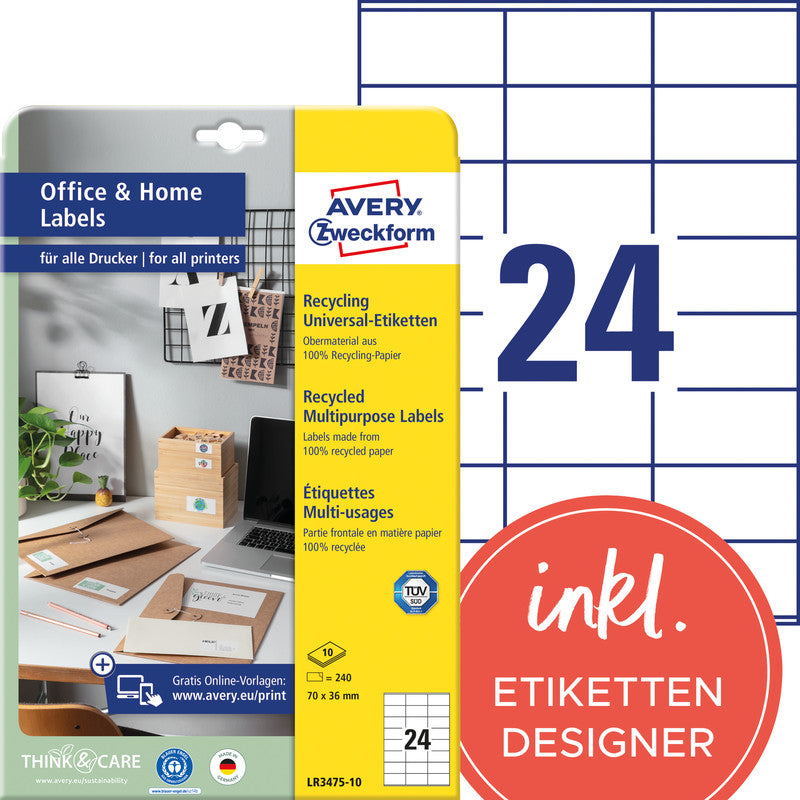 Avery Haftetiketten, 210 mm × 297 mm, naturweiss, Altpapier, permanent, 10 Blatt
